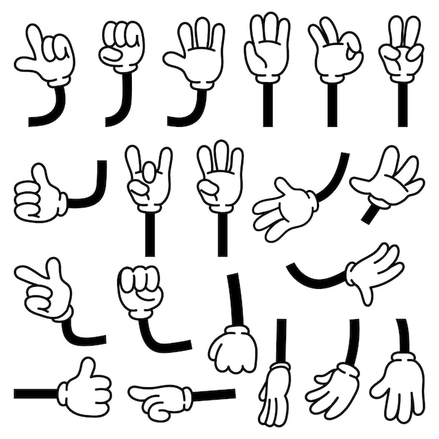 Gestes de mains comiques rétro dans des gants pour personnages de dessins animés. Doigt pointé du bras de Doodle. Le pouce vers le haut, le poing, le rock et la victoire sont des vecteurs d'ensemble. Symboles du langage corporel, animation des mouvements de la main