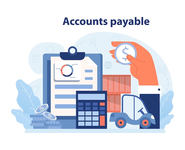 Gestion des comptes à payer process clipboard liste de contrôle calculateur et scène d'entrepôt représentant