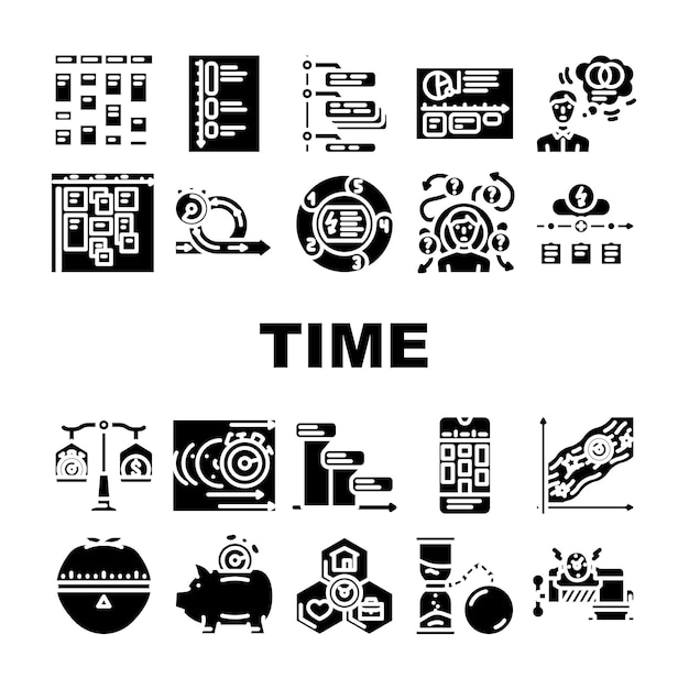 Vecteur gestion du temps, calendrier, icônes de tâches, vecteur d'ensemble