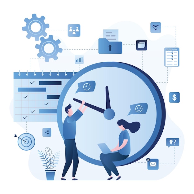 Gestion du temps et des délais Groupe d'employés et grande montre Workflow multitâche planification du travail
