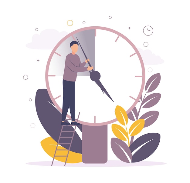 Vecteur gestion du temps illustration d'un homme debout dans les escaliers près de la grande horloge et déplace les flèches sur le fond des feuilles cercles montres
