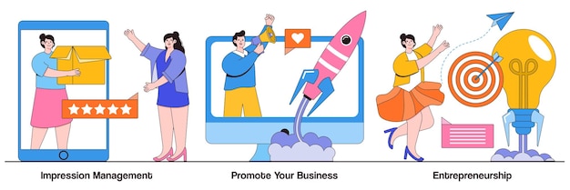 Gestion des impressions, promotion de votre entreprise, concept d'entrepreneuriat avec des personnes minuscules. Ensemble d'illustrations vectorielles de réussite commerciale. Stratégie de marque personnelle, interaction sociale et métaphore de l'influence.