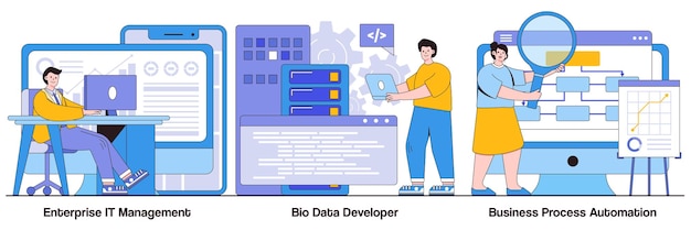 Gestion informatique d'entreprise Développeur de données volumineuses Concepts d'automatisation des processus métier avec des personnages de personnes Solutions logicielles informatiques Pack d'illustrations vectorielles abstraites