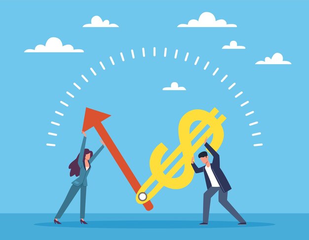 Gestion des opérations financières Le temps, c'est de l'argent Personnes poussant la flèche du cadran et le signe dollar Assistance aux transactions bancaires Transfert de devises Coûts de l'heure Service de dépôt Concept vectoriel