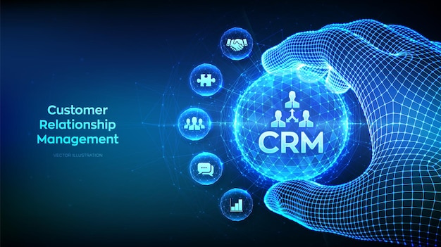Gestion de la relation client Service client et relation Entreprise Communication et concept de planification Icône CRM à l'intérieur d'une sphère lumineuse dans une main en wireframe Illustration vectorielle