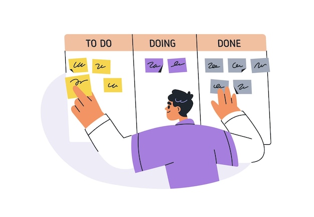 Gestion des tâches avec le tableau de planification kanban Suivi de l'homme Contrôle du progrès de l'achèvement avec des notes Concept de productivité de l'organisation du travail Illustration vectorielle plate isolée sur fond blanc