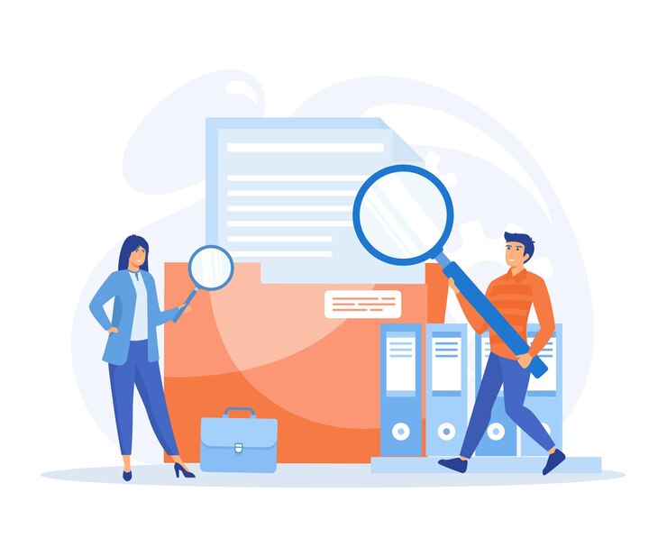 Vecteur gestionnaire de fichiers stockage et indexation des données les travailleurs recherchant un employé de fichier utilisent une illustration moderne de vecteur plat de loupe