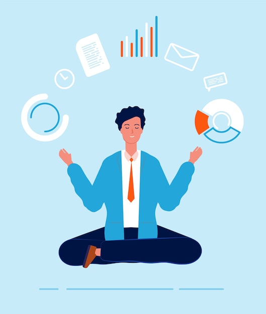 Gestionnaire multitâche. Homme d'affaires lotus pose yoga assis faisant différentes tâches urgentes processus de travail efficace vecteur. Gestion d'entreprise d'illustration, gestionnaire de personne, personnage multitâche