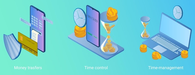 Gestionnaire de temps de contrôle du temps de paiement en espèces Un ensemble d'illustrations vectorielles sur le thème de la technologie