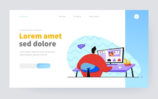 Gestionnaire utilisant un ordinateur pour une réunion de vidéoconférence avec des collègues, discutant du projet et analysant des graphiques en ligne. Illustration vectorielle pour la communication d'entreprise de groupe, concept technologique