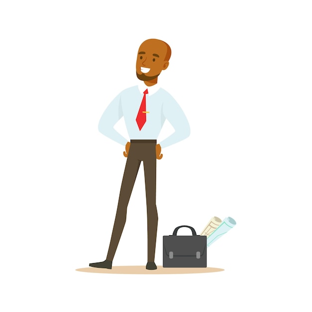 Gestionnaire avec valise et papiers de projet Employé de bureau d'affaires en tenue vestimentaire officielle Occupé au travail Personnages de dessins animés souriants