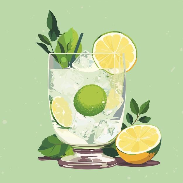 Vecteur gin tonic à cocktail alcoolisé classique en verre. boisson rafraîchissante au citron vert et à la glace. illustration vectorielle