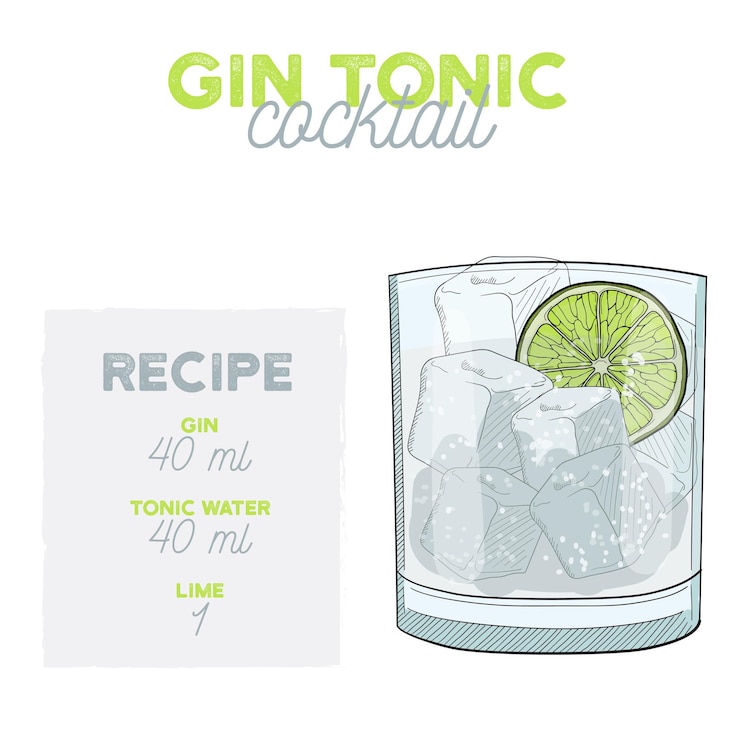 Vecteur gin tonic cocktail illustration recette boisson avec ingrédients