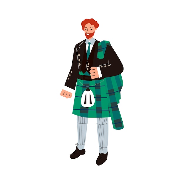 Ginger man in costume écossais traditionnel masculin costume tartan vert avec jupe kilt