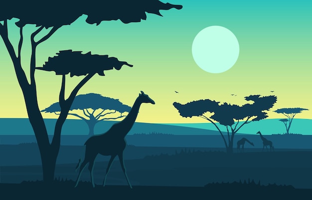 Girafe Arbre Animal Savane Paysage Afrique Faune Illustration