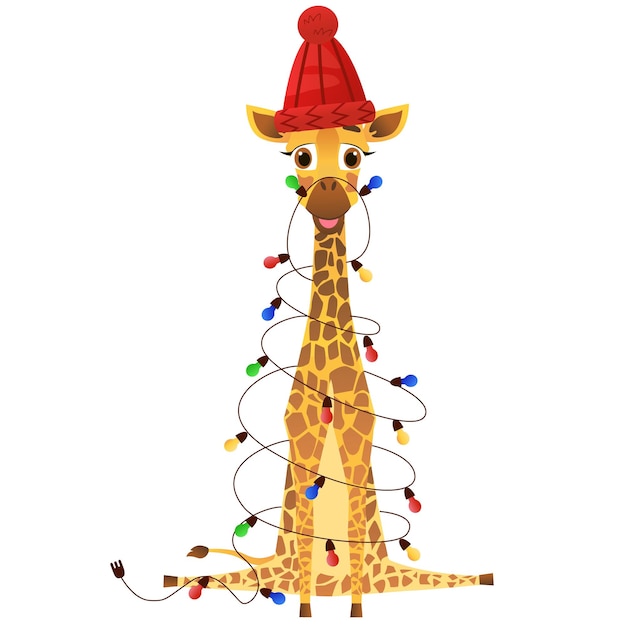 La Girafe Au Chapeau Rouge Est Enveloppée Dans Une Guirlande Lumineuse Dessinée En Style Cartoon