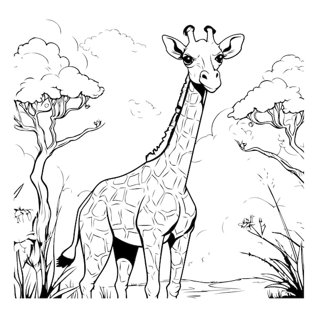 Vecteur la girafe dans la savane illustration vectorielle en noir et blanc