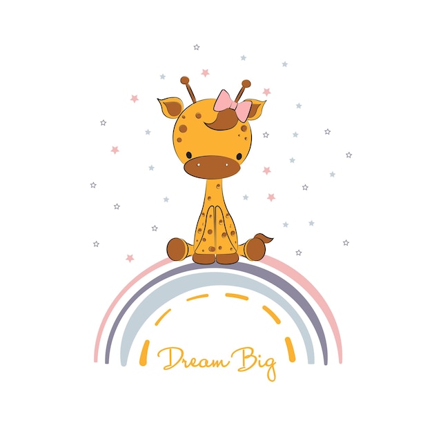 Vecteur girafe de dessin animé mignon assise sur l'arc-en-ciel affiche de vecteur de rêve grande qoute pour la crèche des enfants