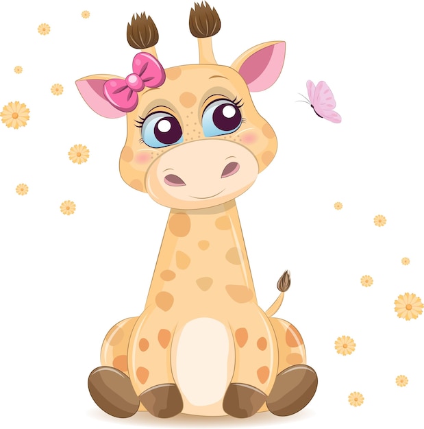 Vecteur girafe de dessin animé mignon avec vecteur papillon