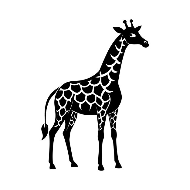 Une girafe avec un dessin en noir et blanc sur fond blanc