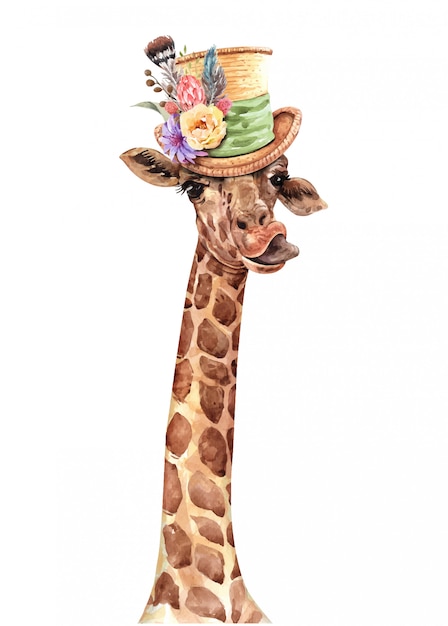 Girafe Portant Une Aquarelle De Chapeau De Fleur. Peinture Girafe.