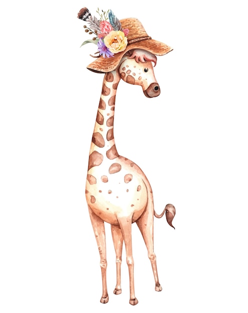 Vecteur girafe portant un bouquet de fleurs sur un chapeau aquarelle de girafe