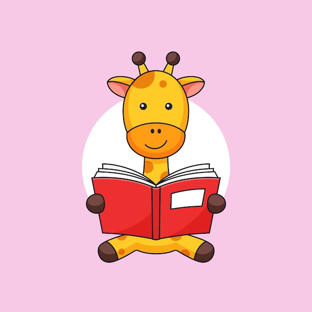 Girafe S'asseoir Et Profiter Du Livre De Lecture Pour Les Animaux Enfants Activité étudiant Esquisse Illustration Mascotte