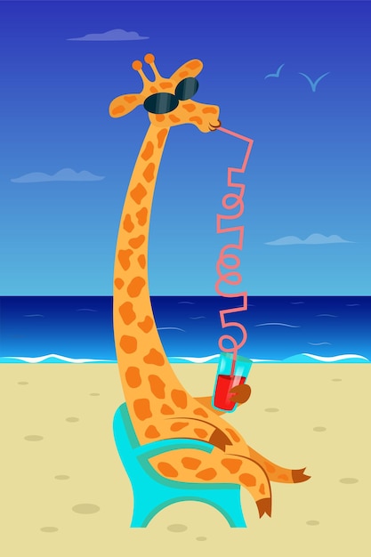 Vecteur girafe se détendant sur la plage, buvant un cocktail et prenant un bain de soleil au soleil