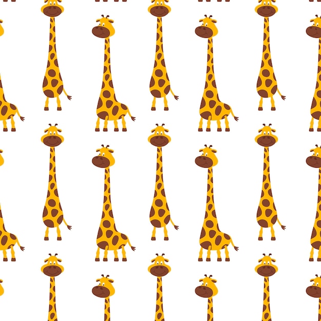 Vecteur girafes mignonnes et heureuses de dessin animé de modèle sans couture de vecteur dans le modèle plat sur le fond blanc répétant la texture sans couture de girafe safari toile de fond d'animal sauvage pour l'habillement d'enfant textile conception d'enfants