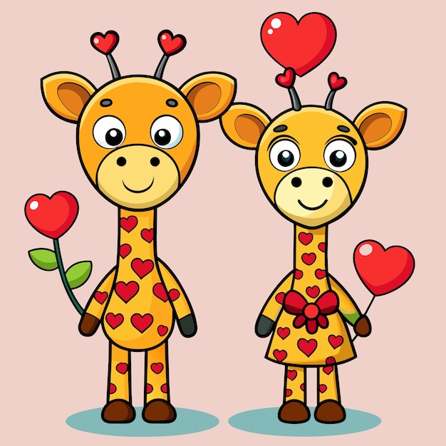 Vecteur giraffe dessinée à la main pour la saint-valentin, couple d'animaux, personnages de dessins animés, autocollants, icônes, concept isolé