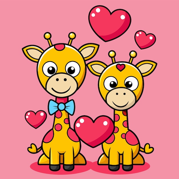 Vecteur giraffe dessinée à la main pour la saint-valentin, couple d'animaux, personnages de dessins animés, autocollants, icônes, concept isolé