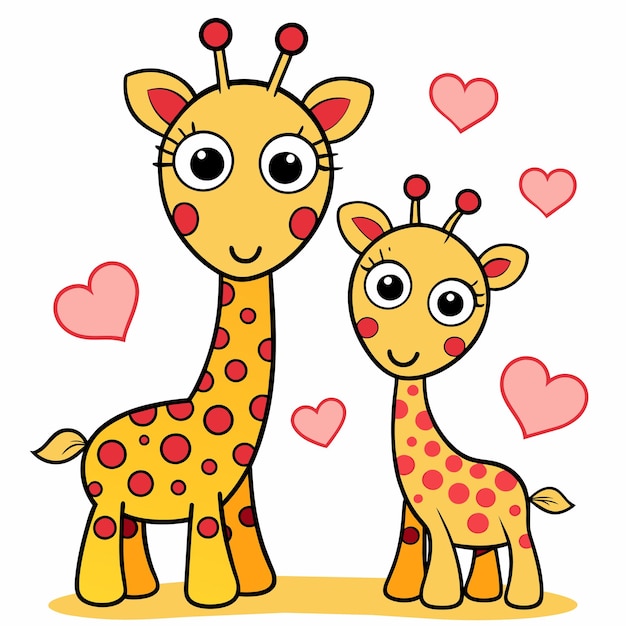 Vecteur giraffe dessinée à la main pour la saint-valentin, couple d'animaux, personnages de dessins animés, autocollants, icônes, concept isolé