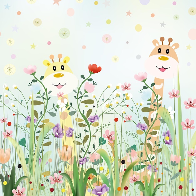 Giraffe mignonne dans une forêt de fleurs douces dessin animé illustration vectorielle doigt-à-doigt bande dessinée pour n'importe quelle carte