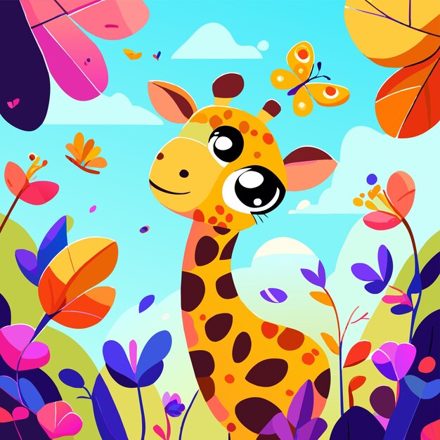 Vecteur giraffe mignonne dessinée à la main plate autocollant de dessin animé élégant concept d'icône illustration isolée