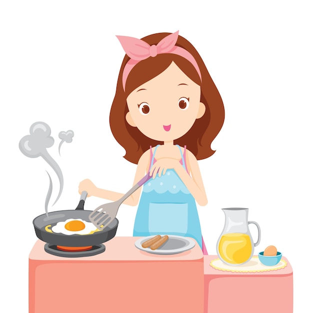 Girl Cooking Fried Egg Pour Le Petit Déjeuner Dans La Cuisine