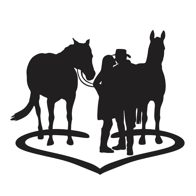 Vecteur girl, et, cow-boy, amour, couple, à, chevaux, fait main, silhouette