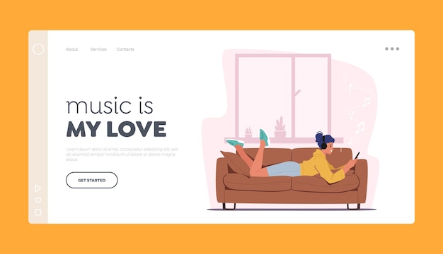 Girl Enjoy Sound Composition Landing Page Template. Jeune Femme Allongée Sur Un Canapé Avec Un Smartphone Dans Les Mains écoutez De La Musique Dans Un Casque, Détendez-vous à La Maison. Loisirs De Personnage Féminin. Illustration Vectorielle De Dessin Animé