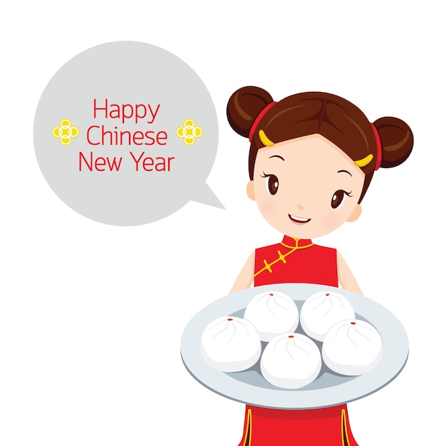 Vecteur girl holding dish of dessert, célébration traditionnelle, chine, joyeux nouvel an chinois