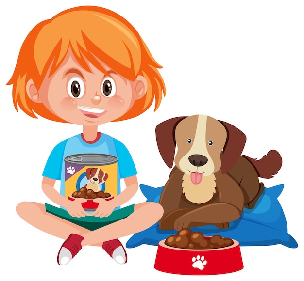 Girl Holding Dog Food Avec Chien Mignon Sur Fond Blanc