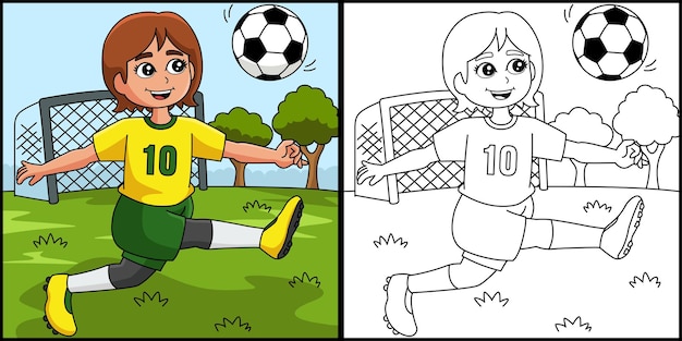 Girl, Jouer Football, Coloration, Page, Illustration