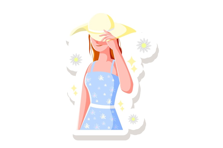 Vecteur girl, à, plage, chapeau, autocollant, vecteur, illustration