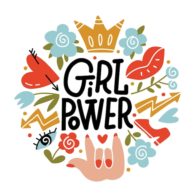 Vecteur girl power vector concept de lettrage dessiné à la main avec des symboles féminins dans le féminisme de style doodle plat ro...