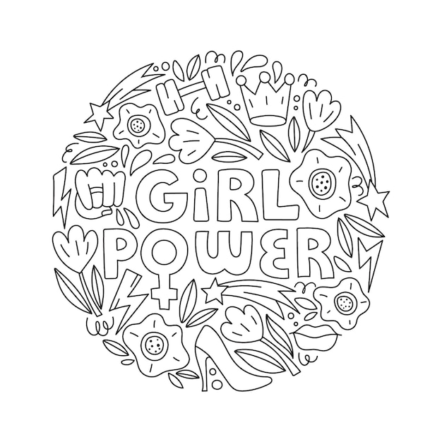 Girl Power Vector Lettrage Dessiné à La Main Avec Des Symboles Féminins Dans Le Concept De Féminisme De Style Doodle