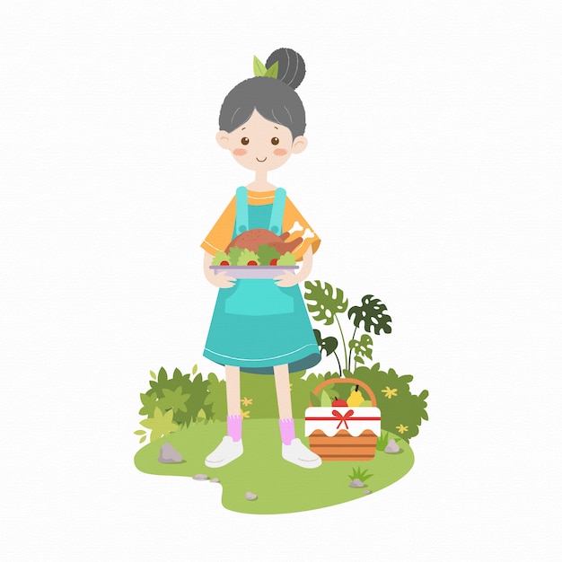 Vecteur girl, tenue, poulet frit, pique-nique, enfants, simple, illustration