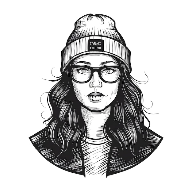 Vecteur girl wearing beanie monochrome ink sketch vector drawing engraving style illustration