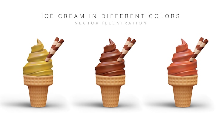 Vecteur glace douce dans un cône de gaufres avec des tubes de biscuits dessert froid décoré de luxe