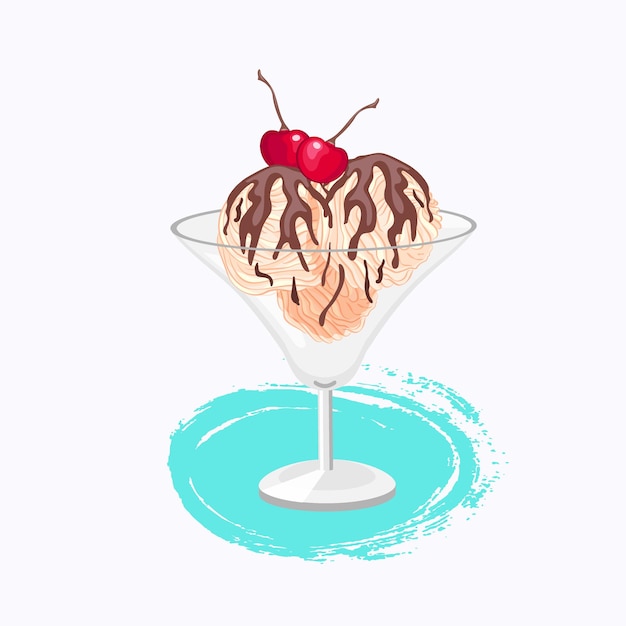 Glace à la vanille de style dessin animé avec icône de vecteur de chocolat et de cerise sur fond blanc avec éclaboussures de peinture