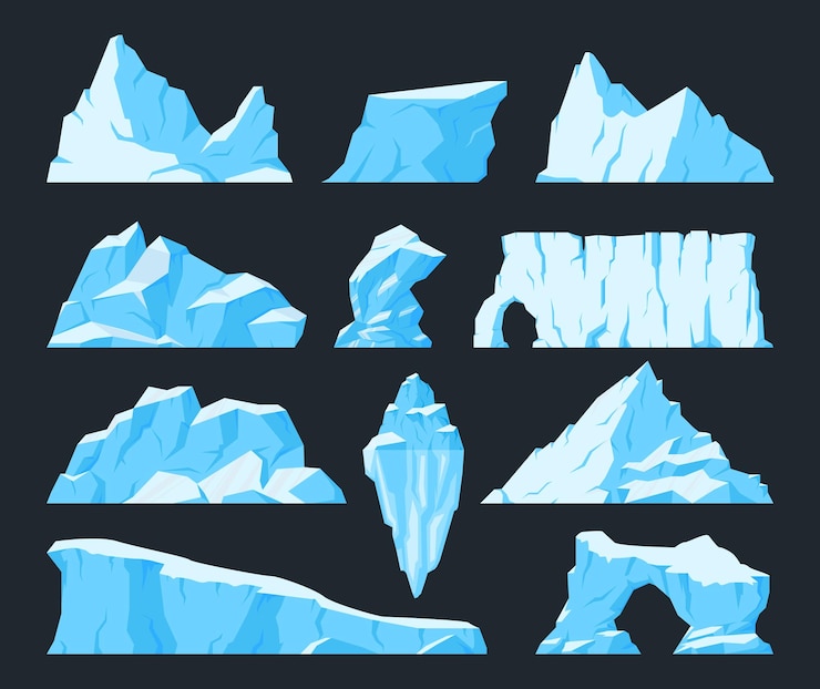 Vecteur glaciers de glace neige icebergs de l'antarctique énormes montagnes enneigées et roches de glace fissurées jeu d'illustrations vectorielles plates icebergs congelés de dessins animés