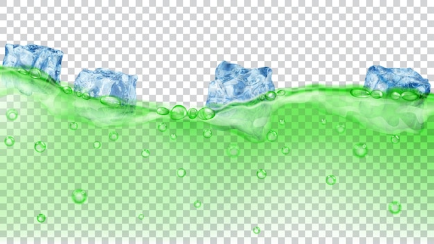 Glaçons bleu clair translucides et de nombreuses bulles d'air flottant dans l'eau verte sur fond transparent. Transparence uniquement au format vectoriel