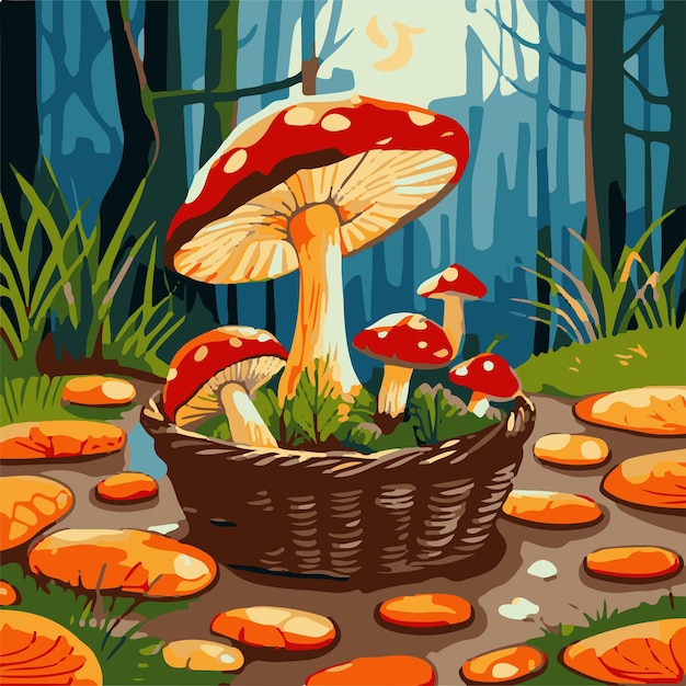 Vecteur glade avec des champignons d'automne dans un panier mignon mouche agaric dans la forêt illustration vectorielle de dessin animé